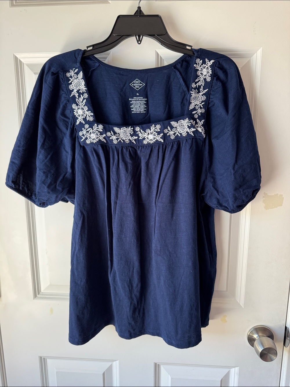 St. John's Bay Navy Blouse with White Floral Embroidery